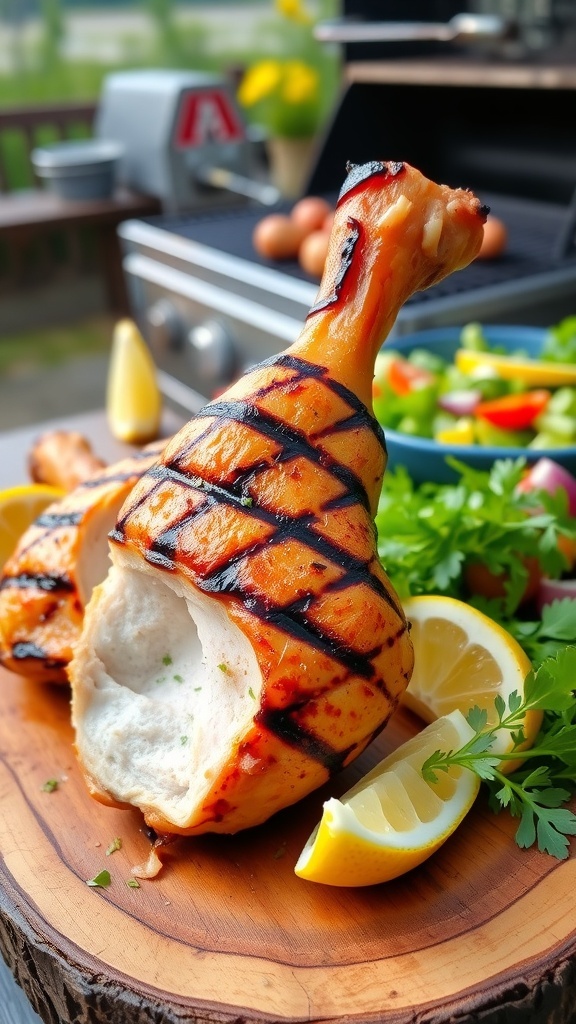 Grilled butterflied chicken drumstick on a wooden platter with herbs and lemon, in an outdoor barbecue setting.
